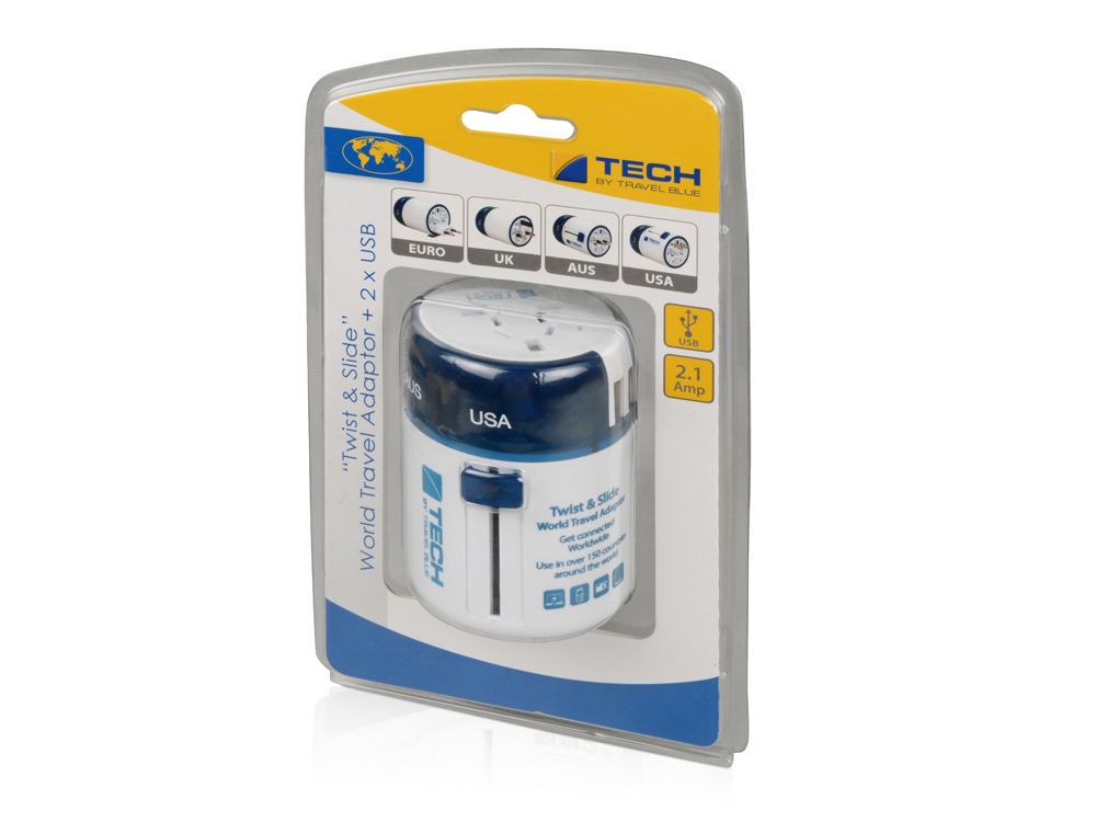 картинка Адаптер с 2-умя USB-портами для зарядки Travel Blue Twist & Slide Adaptor голубой/белый от интернет-магазина сувениров и бизнес-подарков Gifts-Moskva.RU г. Москва