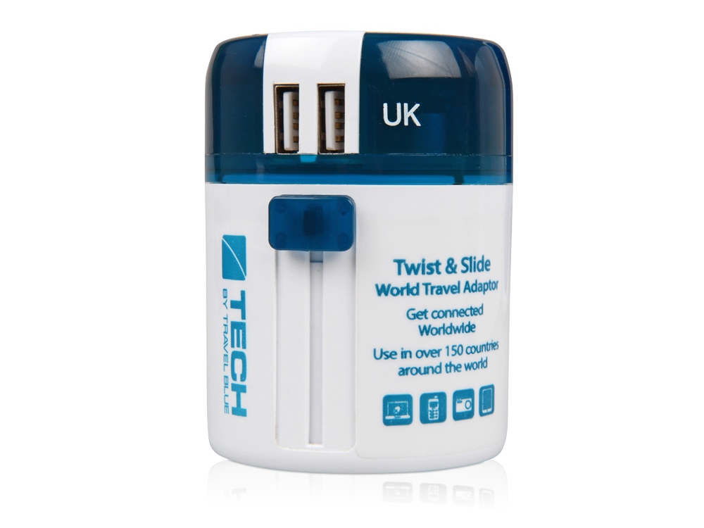 картинка Адаптер с 2-умя USB-портами для зарядки Travel Blue Twist & Slide Adaptor голубой/белый от интернет-магазина сувениров и бизнес-подарков Gifts-Moskva.RU г. Москва