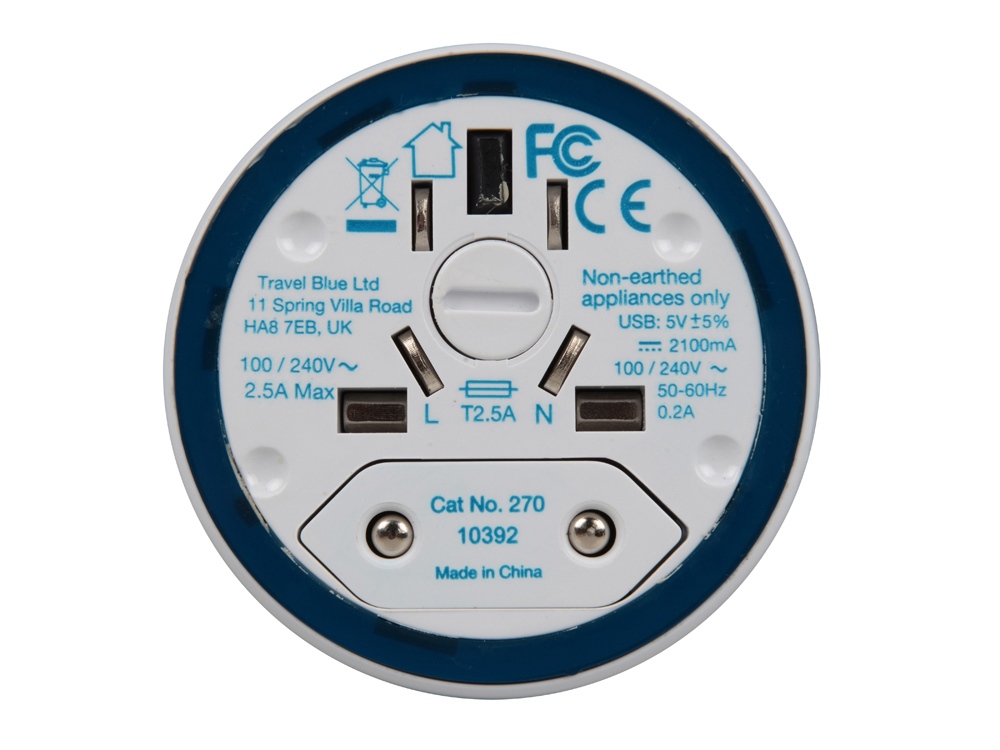 картинка Адаптер с 2-умя USB-портами для зарядки Travel Blue Twist & Slide Adaptor голубой/белый от интернет-магазина сувениров и бизнес-подарков Gifts-Moskva.RU г. Москва